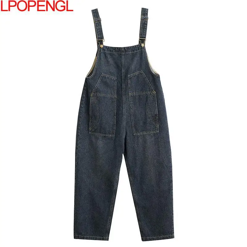 2023 New Vintage Loose Denim Jumpsuit Women Autumn Streetwear Pockets Cargo Baggy Pants Wide Leg Straps Jeans Ladies Overalls