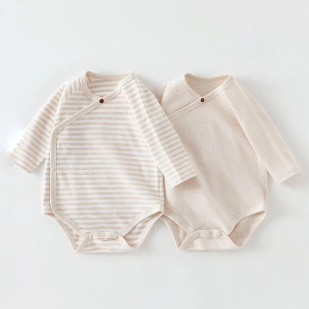2 Pieces Baby Girl Bodysuit Long Sleeve Cotton Striped Solid Color Spring Autumn Baby Boy Romper Unisex Newborn Clothes  Q..