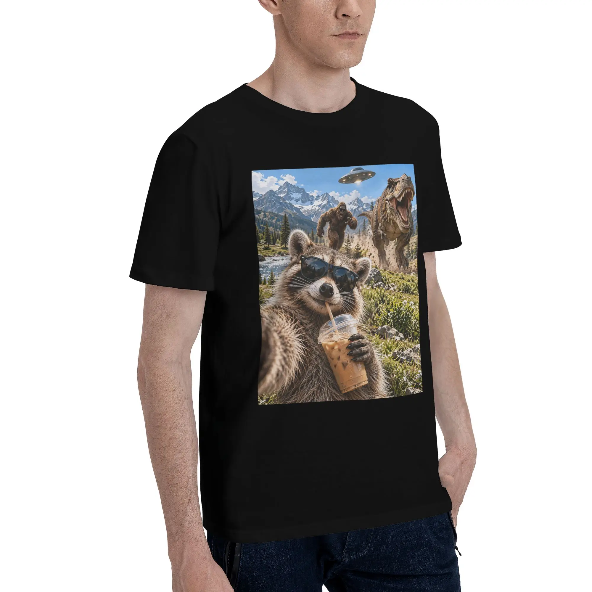 Funny Bigfoot Ride Dinosaur Raccoon Merch Men Women T Shirts Cotton Tee Graphic Printed  T-shirt Clothes