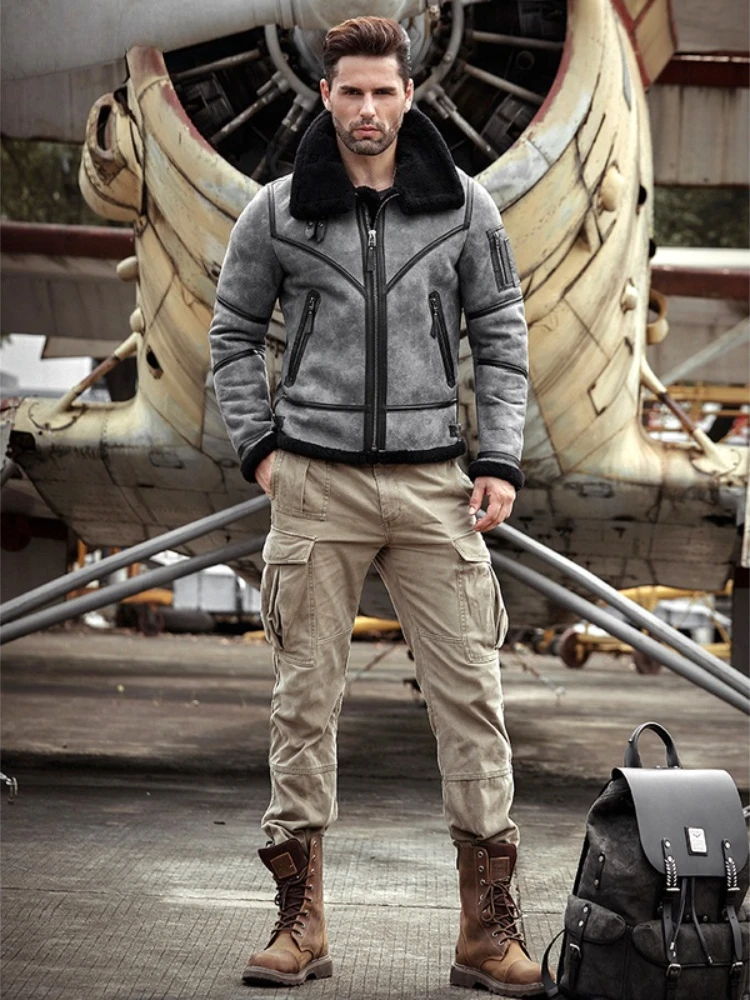 سترة شيرلينغ للرجال من جلد الغنم معطف شتوي من الفرو سترة جلدية B3 سترة طيران