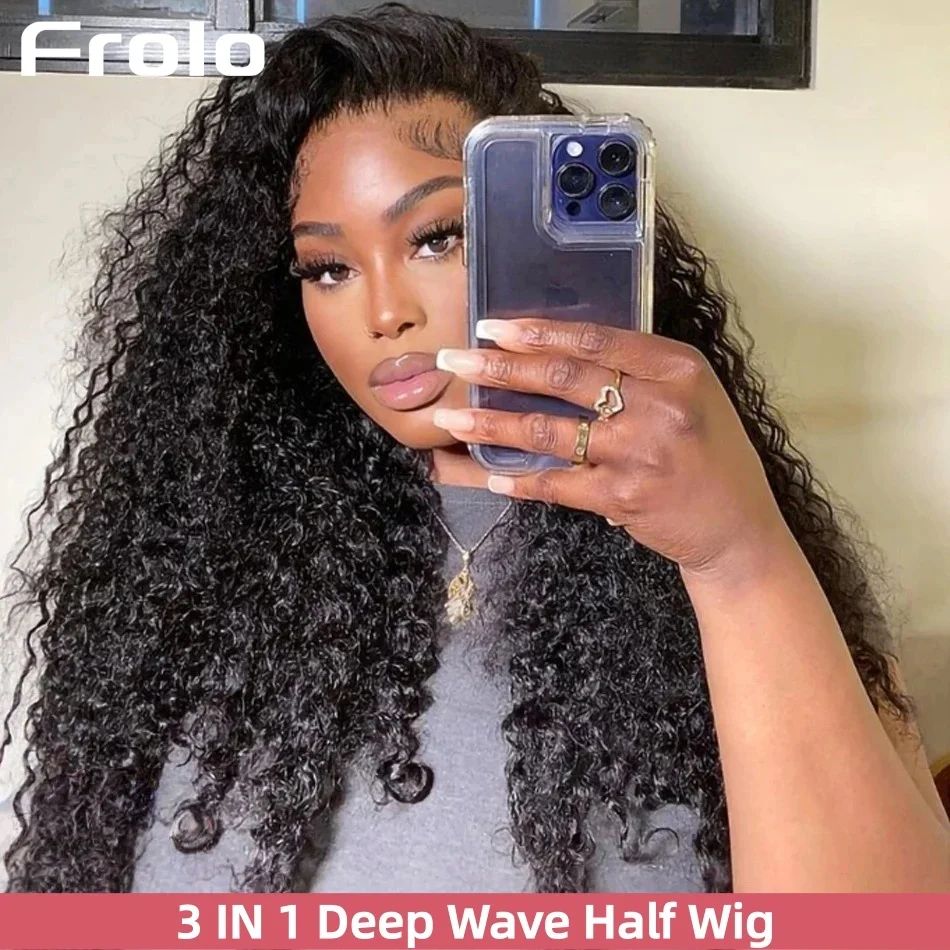 

Парик-полупарик Deep Wave из натуральных волос, без клея, готовый к носке, 3 в 1, с завязками, плотность 250%, кудрявый, для женщин