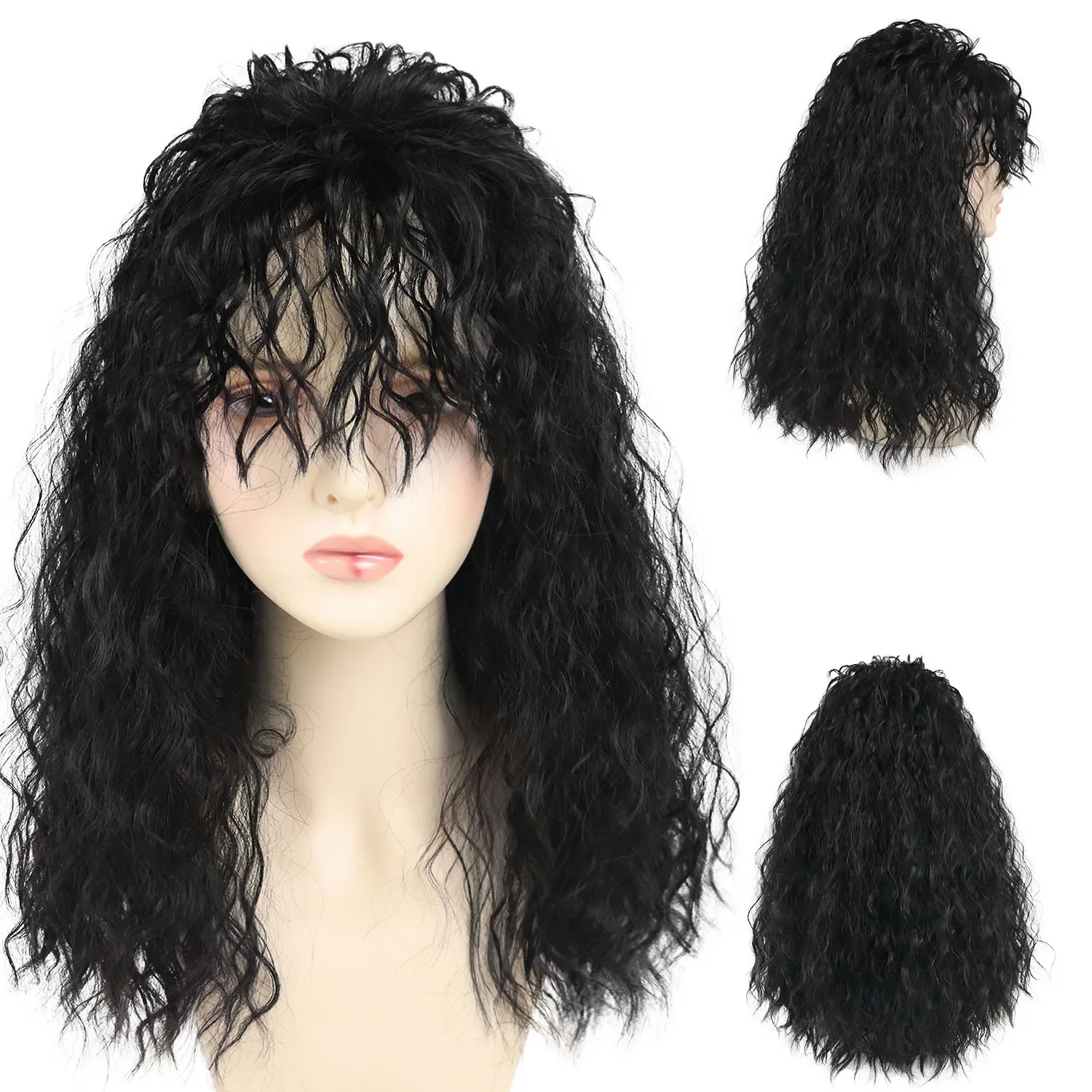 Synthetic Hair Long Wig with Bangs Black Wigs for Women Fluffy Hair Big Wavy Wig Adult Costume Party Drag Queen Wigs Cosplay