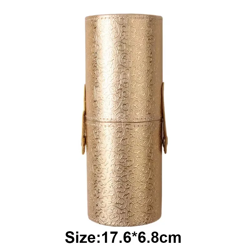 Makeup Brush Storage Bucket Cylindrical Golden Embossed PU Leather Cosmetic Brush Holder Makeup Tools Organizer with Snap Button