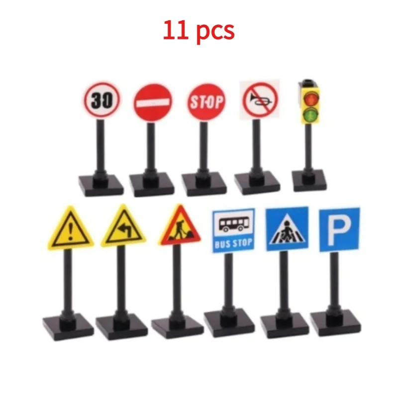 Städtische Verkehrsschilder, Geschwindigkeitswarnungen, Montageteile, MOC-Straßenbeleuchtung, Ampeln, Bausteine, Lernspielzeug