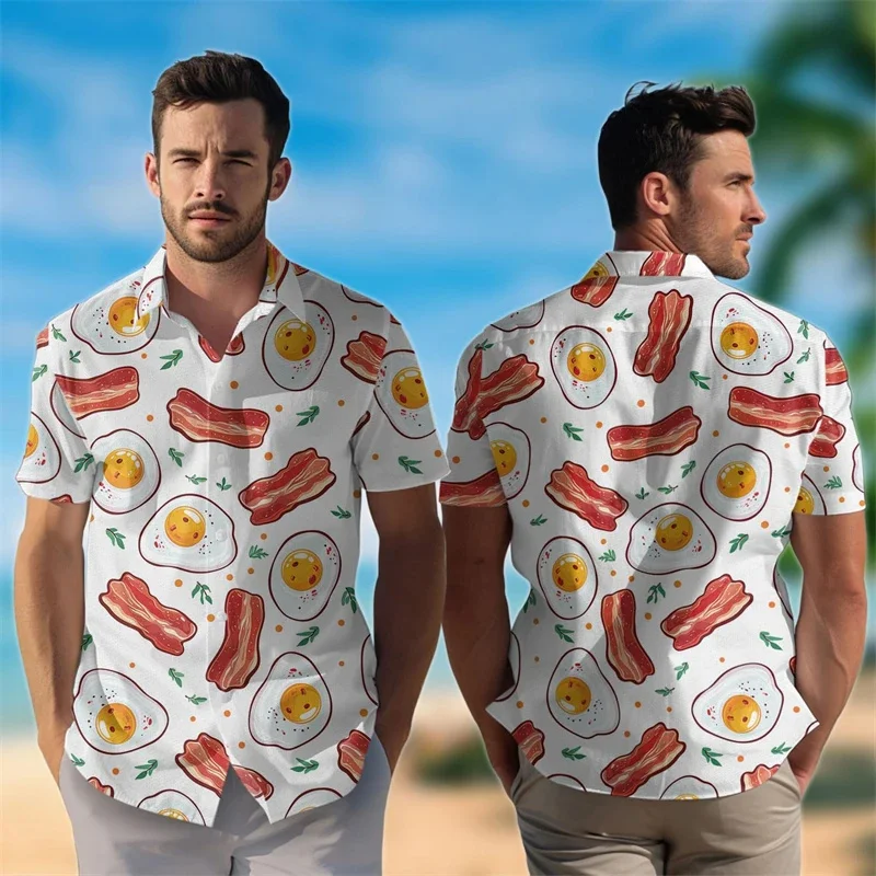 Delicious Food Graphic Hawaiian Shirt Men Cheese Bacon Noodle Chicken 3D Print Blouses Streetwear Button Lapel Tops Aloha Shirts