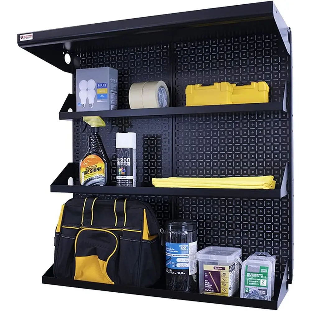 

Металлическая перфорированная система стеллажей 32x32 с черными аксессуарами