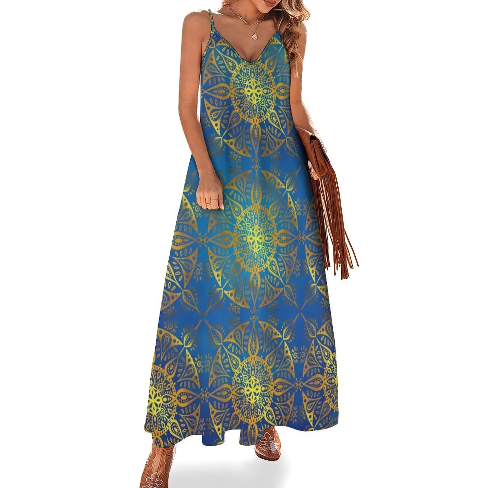 

Blue and Gold Mandala Sleeveless Long Dress Women's skirt womans clothing Long dresses Dress