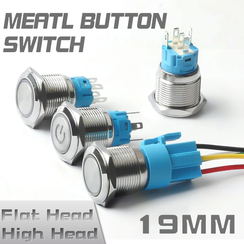 

19mm Metal Push Button Switch 5 Pin Waterproof Power Symbol Switch Self Reset Inching Self Locking Start Stop 1NO1NC