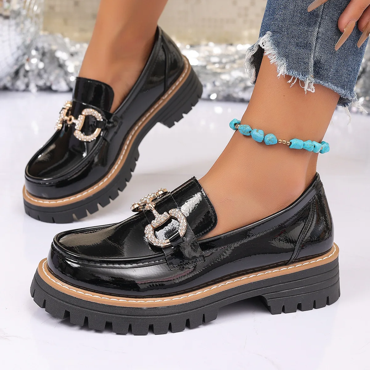 Women'S Shoes Loafers Black - Retro Chain Low Heel Pumps Women