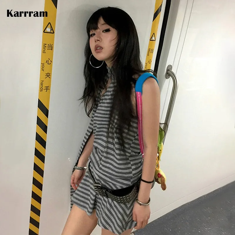 Karrram Y2k Aesthetics Halter Dress Japanese 2000s Style Grey Striped Short Dress Vintage Harajuku Backless Mini Dress Grunge