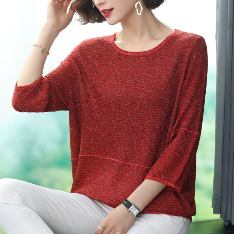 Oversize Versatile Temperament Women's Clothing 2023 Summer New Round Neck 3/4 Sleeve Solid Color Simplicity Commuter Pullover