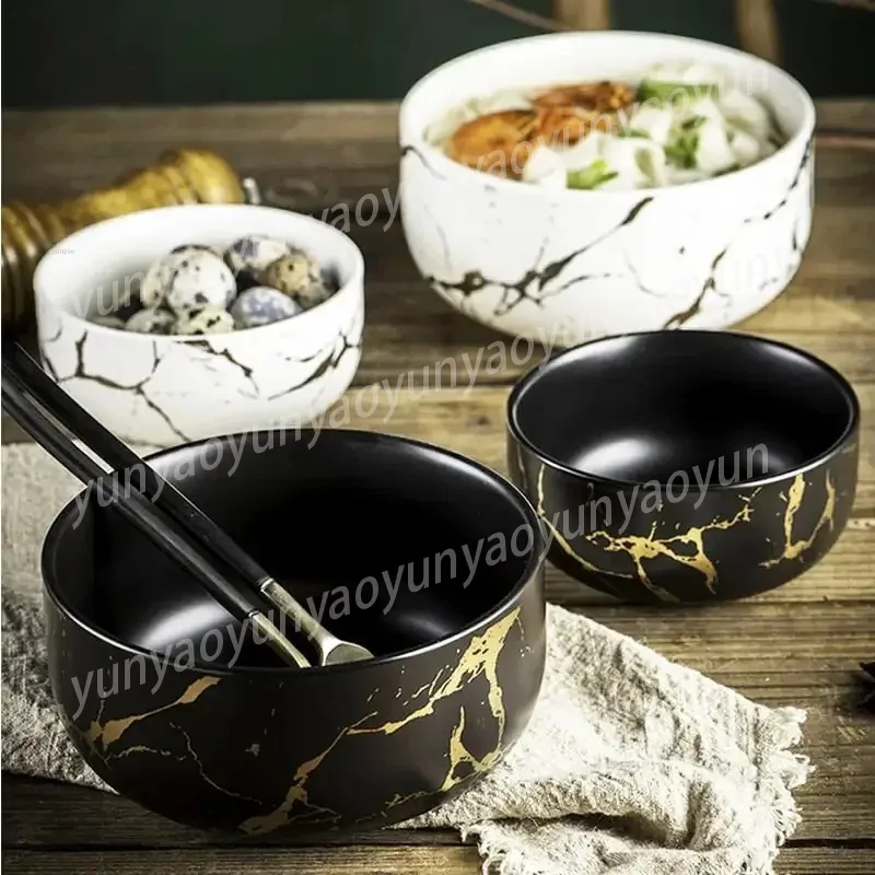 Nordic Luxury Marble Glazed With Golden Ceramic Bowls For Dinner Soup Round Large Bowl Breakfast Rice Bowl For Home Hotel C0F8Y6