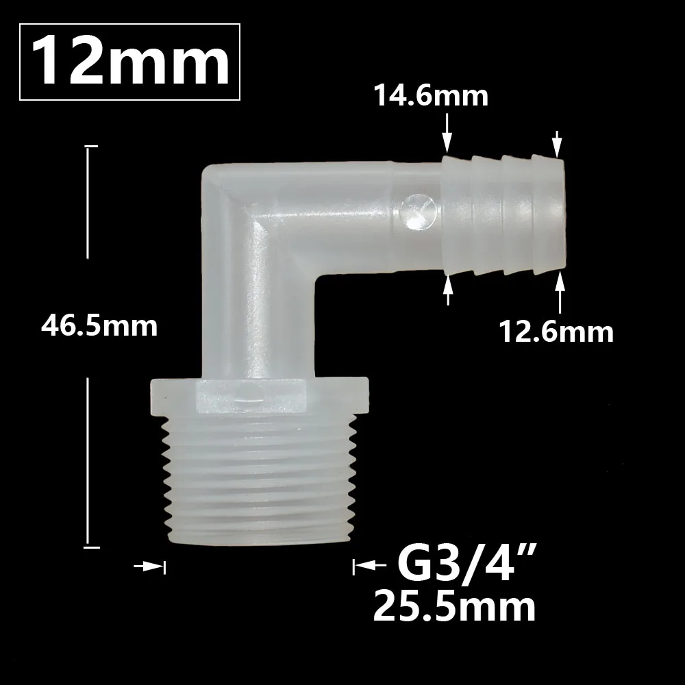 Mangueira Barb Connector Cotovelo com Rosca Macho, Acoplador De Acessórios De Plástico, 90 Graus, 6 8 10 11 12 14 16 18 19mm, 1/2 3/4\