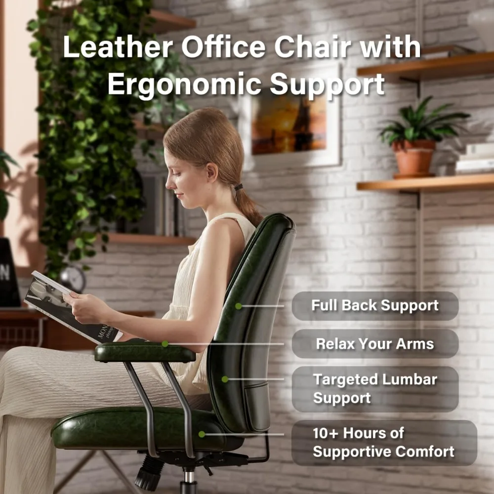 

Green Leather Office Desk Chair with Wheels, Quiet Casters, Height Adjustable, Padded Arms, Vintage Mid Century, Customized
