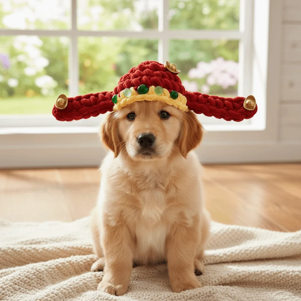 Chinese Style Fortune Cat Headwear Hand-crocheted Warm Pet Beret Blessing Traditional Cat Head Cover Christmas New Year