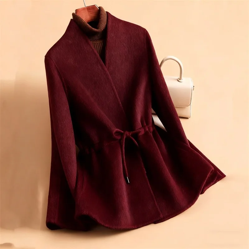 Spring Women V-neck Casual Double Sided Woolen Coat Korean Lady Long Sleeves Wool Jacket Autumn Female Large Size 4XL Blend Tops