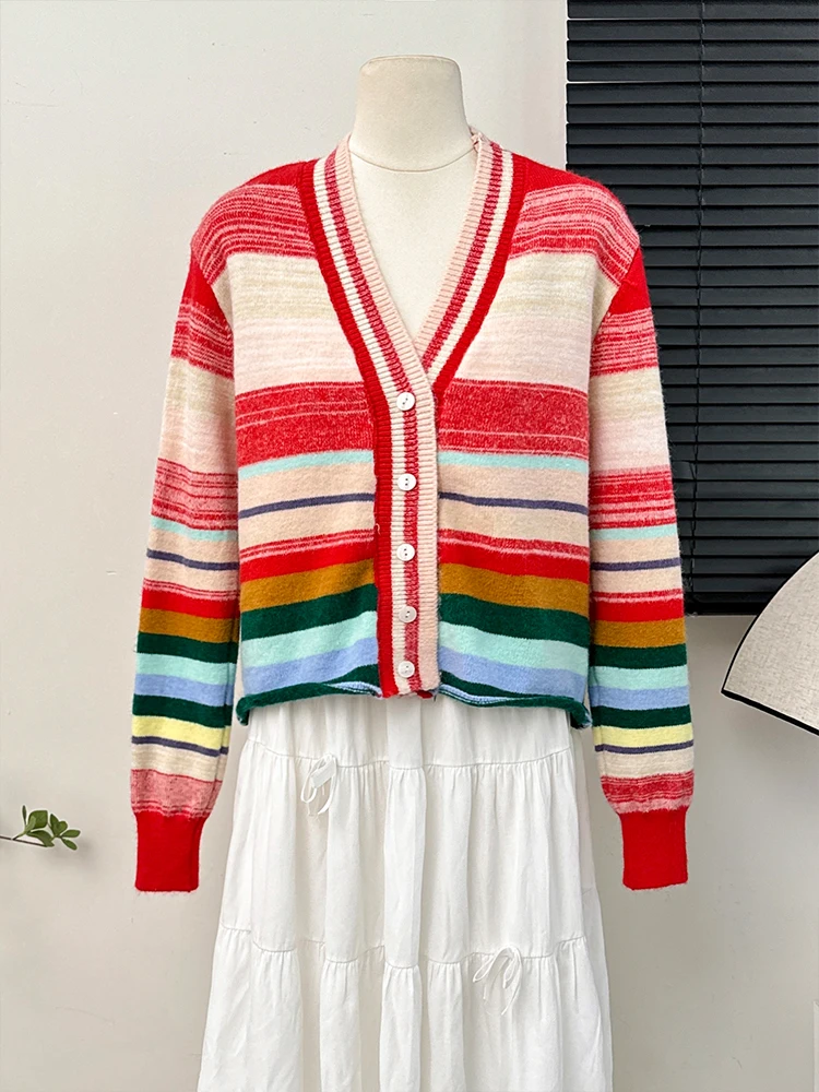 Gaganight Women Dopamine Rainbow Stripe Single Breasted V neck Long Sleeved Knitted Shirt 2024 Women's Autumn Korean Style Top