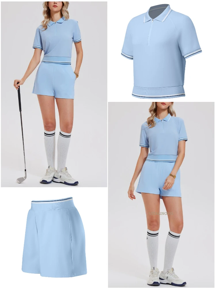 VITALINOVO 2-teiliges Workout-Set für Damen Poloshirts mit Kragen Hochgeschnittene Laufshorts Zweiteiliges Passendes Trainingsoutfit – Detail 8
