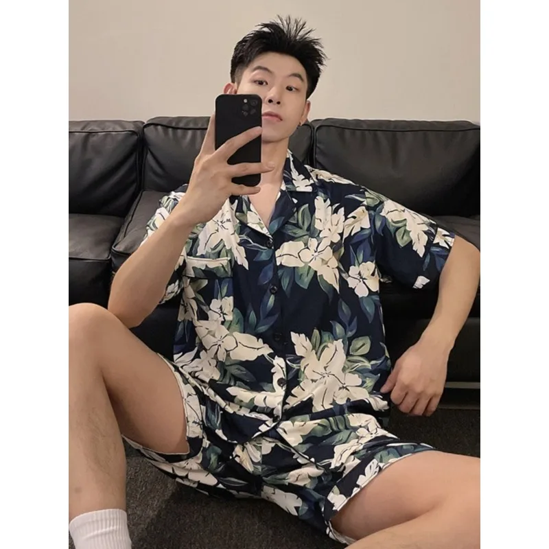 Summer New Beach Teenager in Full Bloom Printing Fallow Loose All-match Male Short-sleeved Shirt Men Clothing  Suits for Men