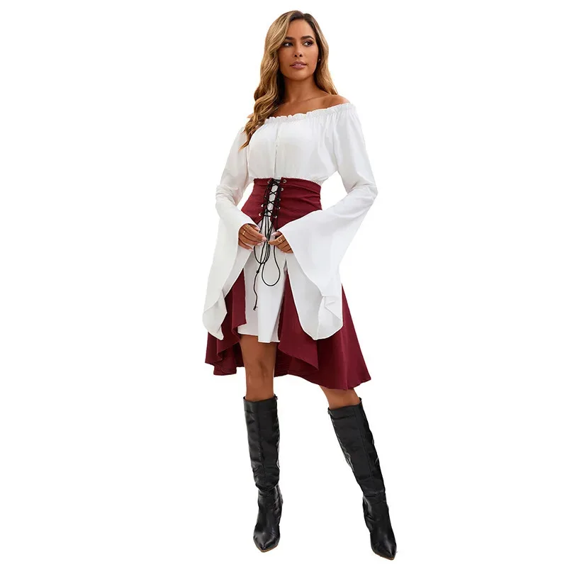 Halloween Medieval Renaissance Long Sleeved Waist Top Pirate Shirt Women's Stage Performance Dress Costume Accessories Cosplay