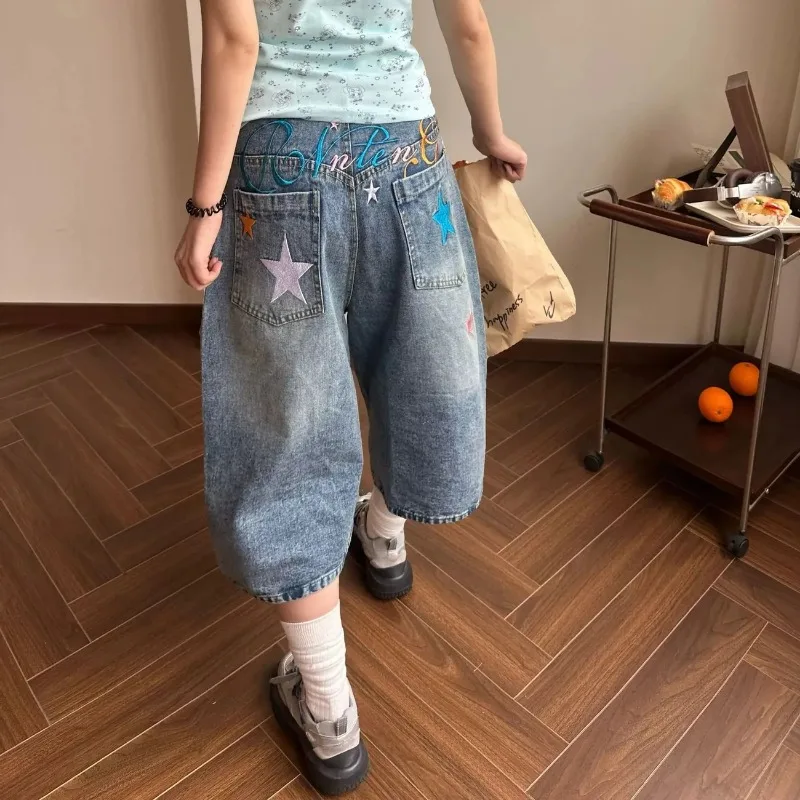Fashionable Vintage Letter Star Embroidery Jeans Summer American Loose Women's Clothing Wide Leg Streetwear Denim Capri Pants