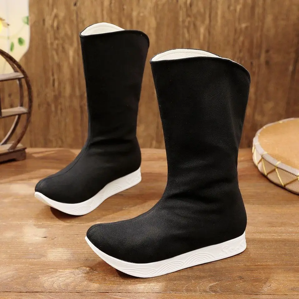 Black Canvas Hanfu Boots For Children Adults Vintage Official Boots Thick Soled Chinese Ancient Warrior Swordsman Photography
