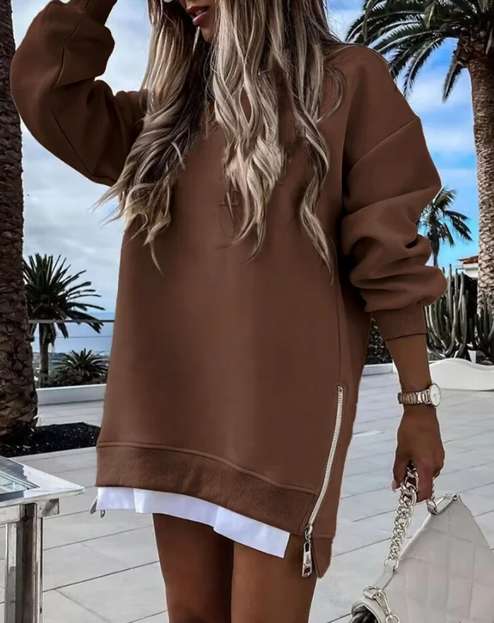 

Womens Dress Autumn Winter Casual Contrast Paneled Round Neck Long Sleeve Zipper Design Side Slit Straight Mini Sweatshirt Dress