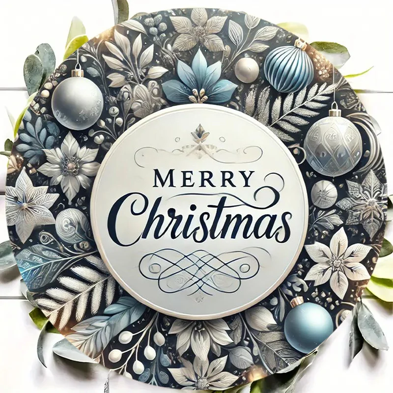 An 20.32X20.32 cm Blue Metal Christmas Wreath Sign, Featuring a Round Design Perfect for Door Decor, Vintage Art, Suitable for C