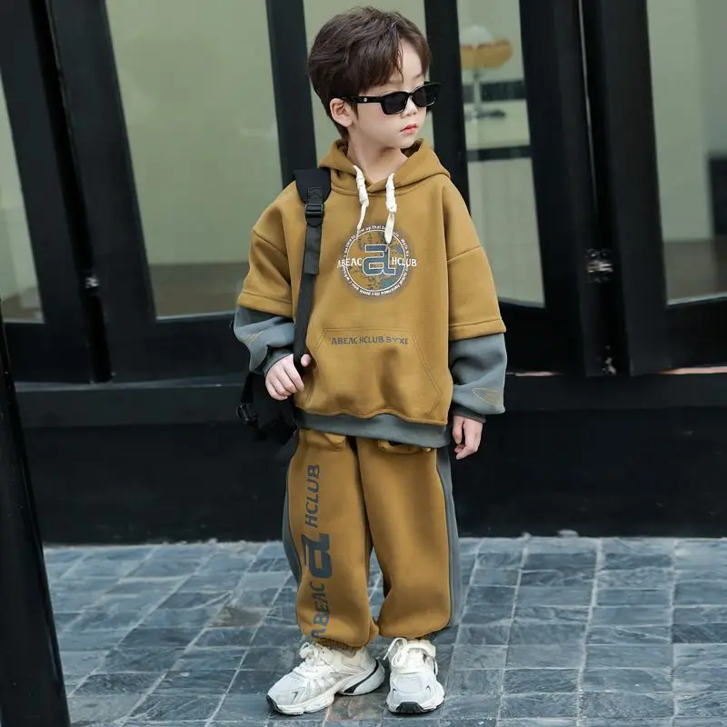 

New Childrens Boys Autumn Winter 2PCS Fleece Set Plus Velvet Hoodie Warm Solid Sport Pants Suit Kids Baby Boys Tracksuit