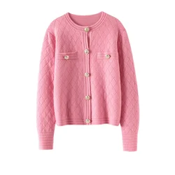 Luxurious Cashmere Sweater Women Design Casaco Feminino Argyle Single Breasted Women Cardigan  Sweater Mujer Pink