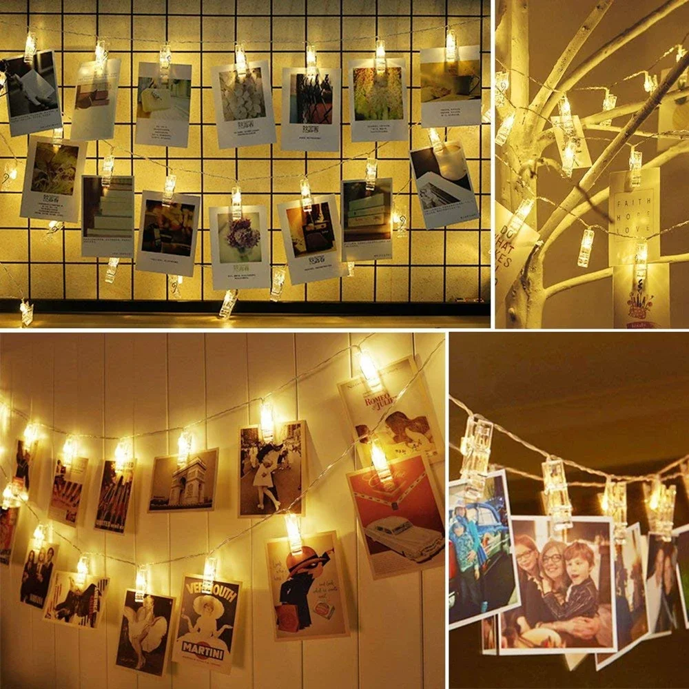 Guirlande lumineuse à Clip Photo LED, 1m/3m/6m AA, alimentée par batterie pour suspendre une carte Photo, une chambre à coucher, une mur, une lumière décorative d'anniversaire