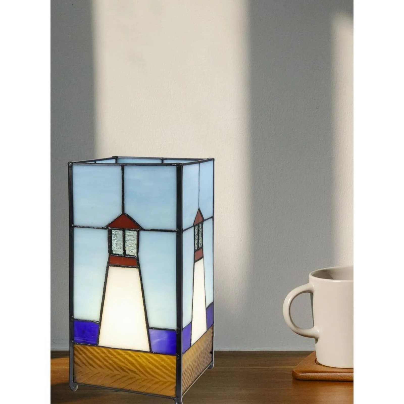 US Uplight 10 in. Tall Lighthouse Tiffany Handmade Genuine Stained Glass Shade Accent Lamp