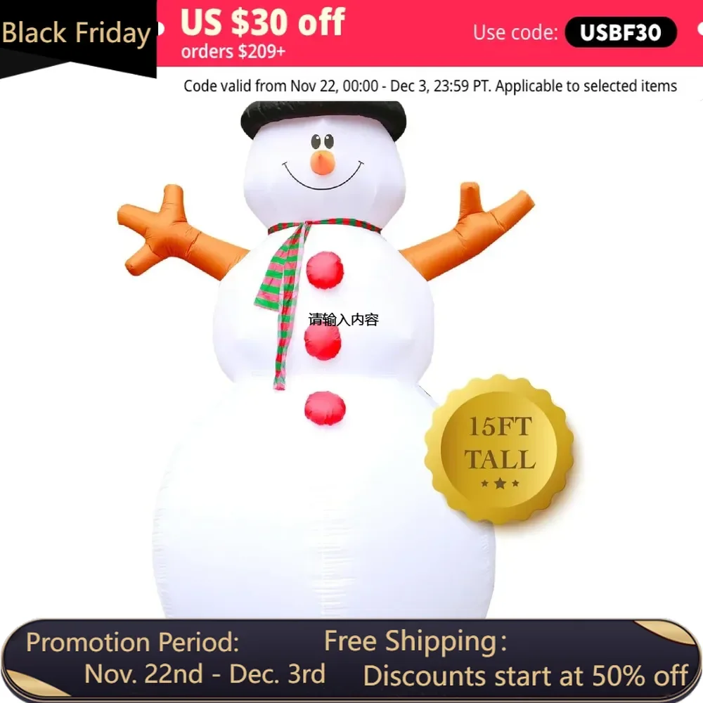 15 Foot High Snowman - Inflatable Outdoor Christmas Decorations for Courtyard, Lawn, and Garden Built in Decorations