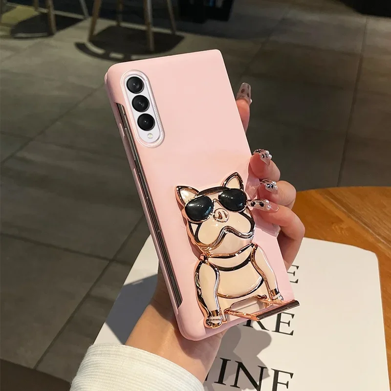 Fashion Cute Cartoon Electroplated Dog Stand Holder Bracket Case For Samsung Galaxy Z Fold 6 5 4 3 2 5G Matte Skin Feel Cover