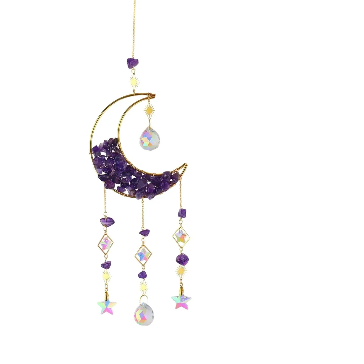

Natural gravel crystal moon hand-wrapped DIY suncatcher light and shadow wind chime crystal pendant