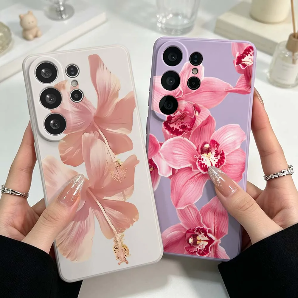 Pink Hibiscus Flowers Pattern For Samsung Galaxy S26 S25 S24 S23 S22 S21 Ultra Plus FE Soft Silicone Liquid Phone Case Cover