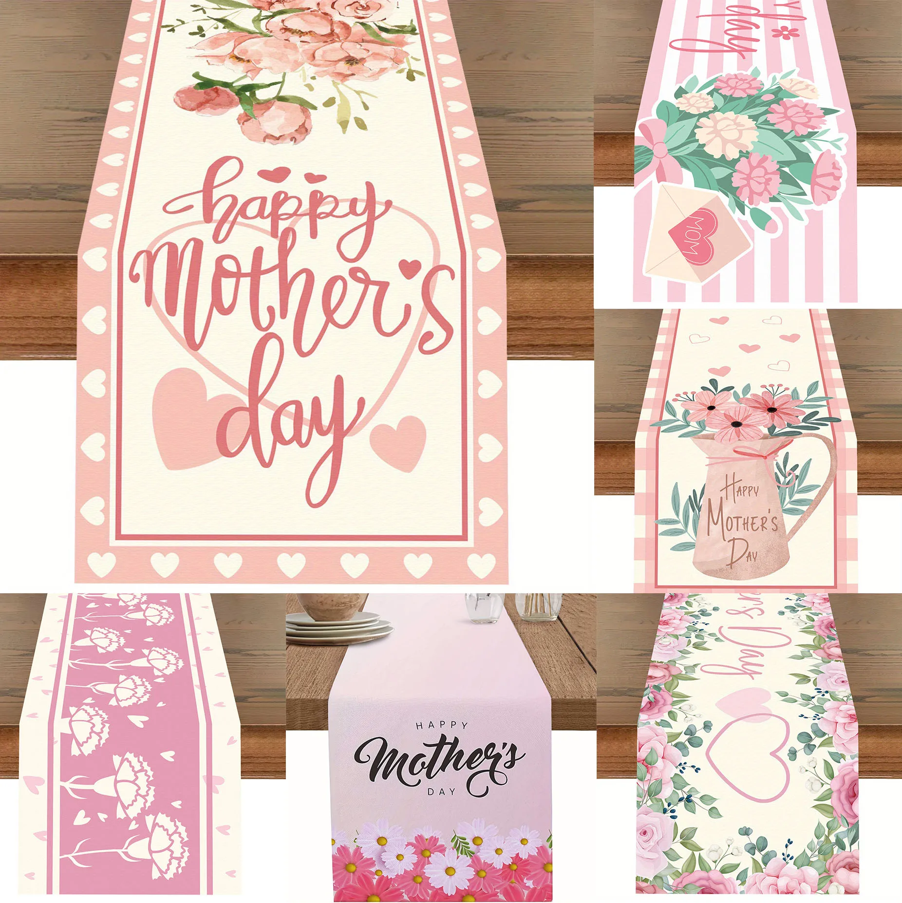 Elegant Mother's Day Table Runner , Pink Rose & Heart Design with 
