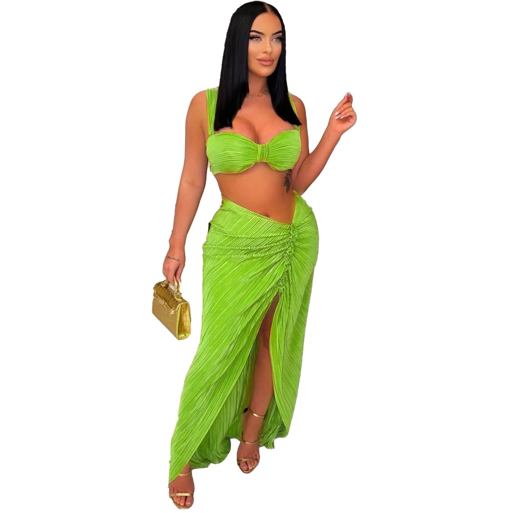 Cover Up Skirt Swimsuit Women Bikini Set Strapless Tank Crop Tops And Patchwork Skirt Fashion Mesh Pleated Beach Swimwear Bikini