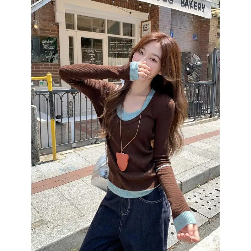 

Girl Autumn Winter Color Blocking Sweater Fashion Knitwear Keep Warm Innerwear New Tops Women's Clothing Base Layer Wholesale