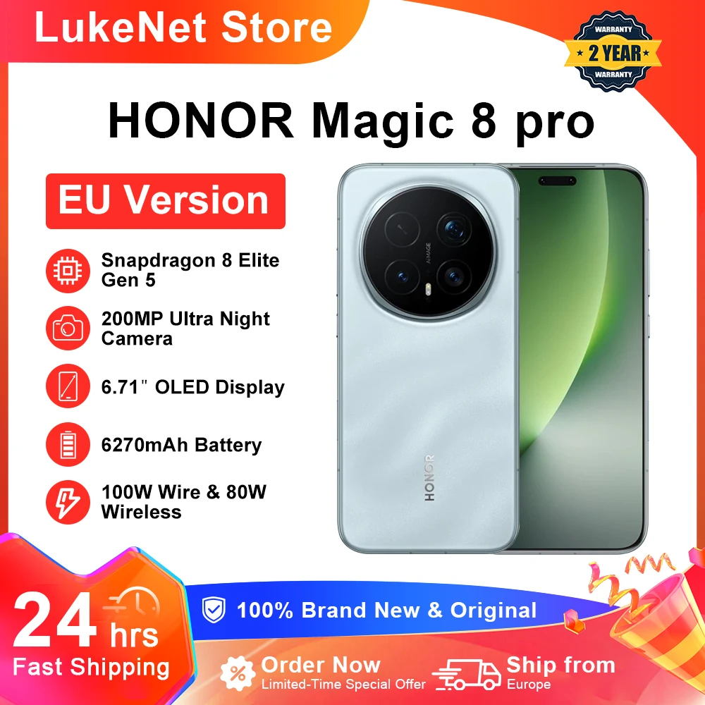HONOR Magic 8 Pro 5G wersja EU, smartfon z procesorem Snapdragon 8 Elite Gen 5, aparat 200 MP, bateria 6270 mAh, ładowanie 100 W, ekran OLED 6,71'', NFC, eSIM, Honor