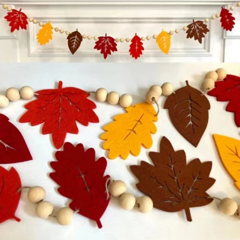 4.27ft Wood Bead Garland with Felt Maple Leaves Pumpkin Pattern Farmhouse Rustic Wall Hanging Decoration for Thanksgiving Party