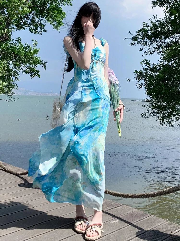 

Summer 2026 New Style Women's Long Dress Irregular Hem Gradient Color Beach Vacation Strap Waist Gown Sweet Style High Waist