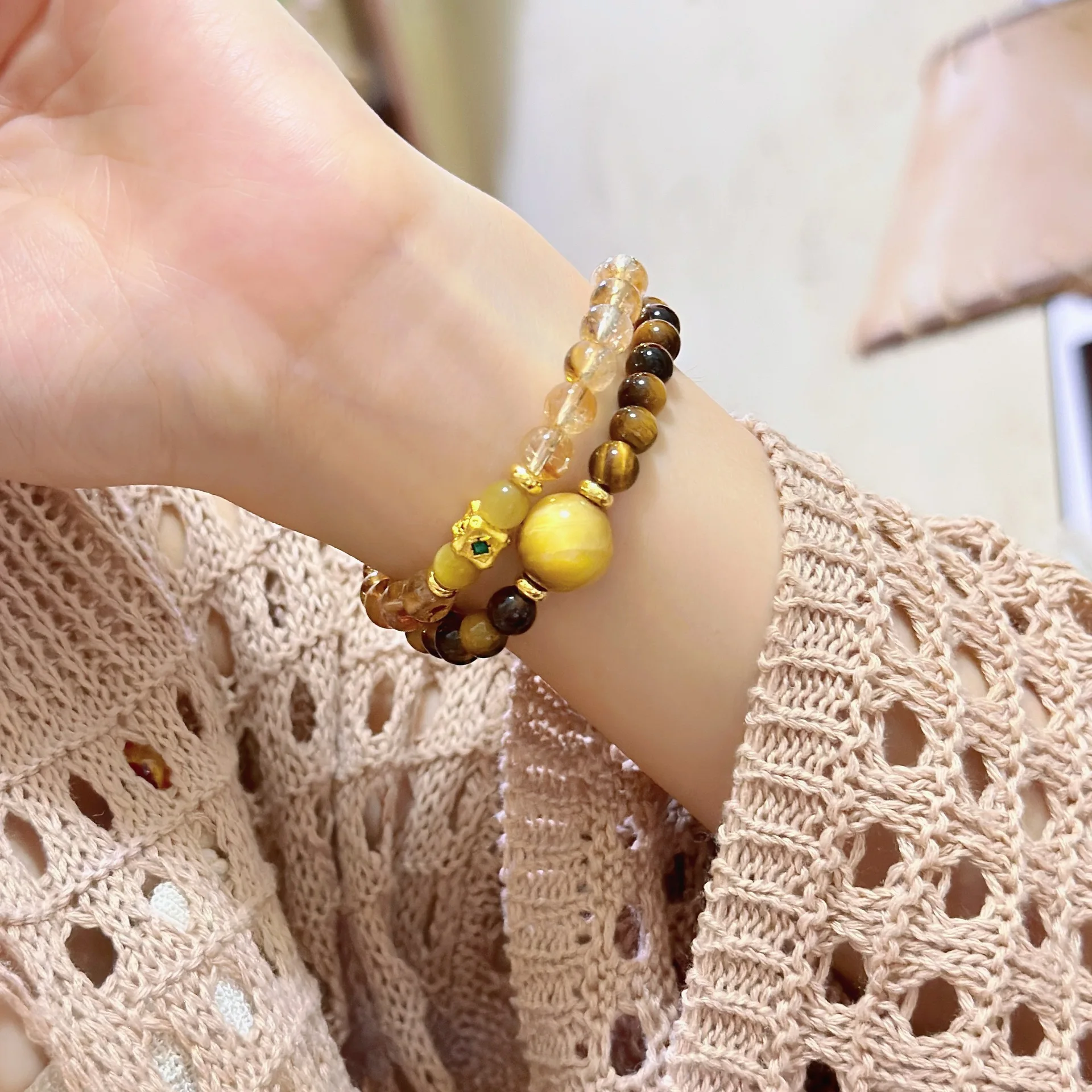 Natural Stone 2-Layer Beaded Bracelet Crystal Tiger Eye Stone Citrine Round Ring Strand Elastic Bangles Wrist Wealth Jewelry INS