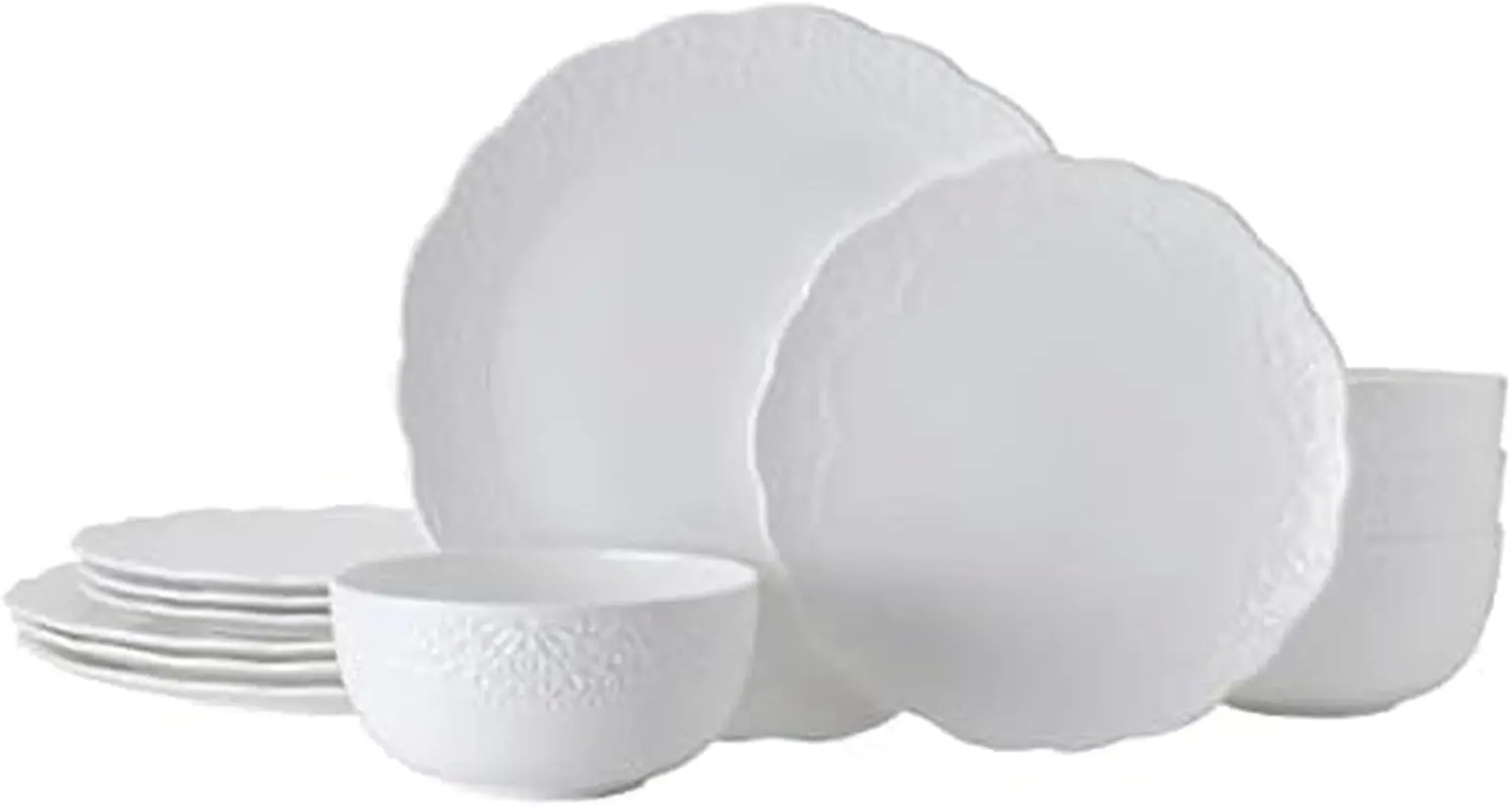 12-Piece Bone China Dinnerware Set, Lightweight and Chip Resistant, Service for 4, White
