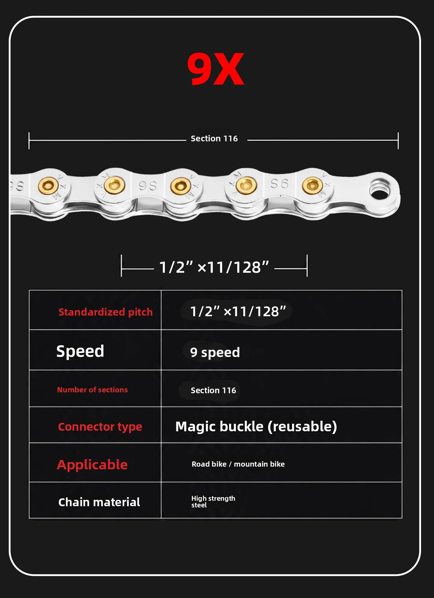 Fahrradkette, Einzel-Super-8/9/10-Gang, für Mountainbike und Rennrad, wird zum „Dead Fly Magic Buckle“-Adapter, universell, galvanisiert. – Detail 12