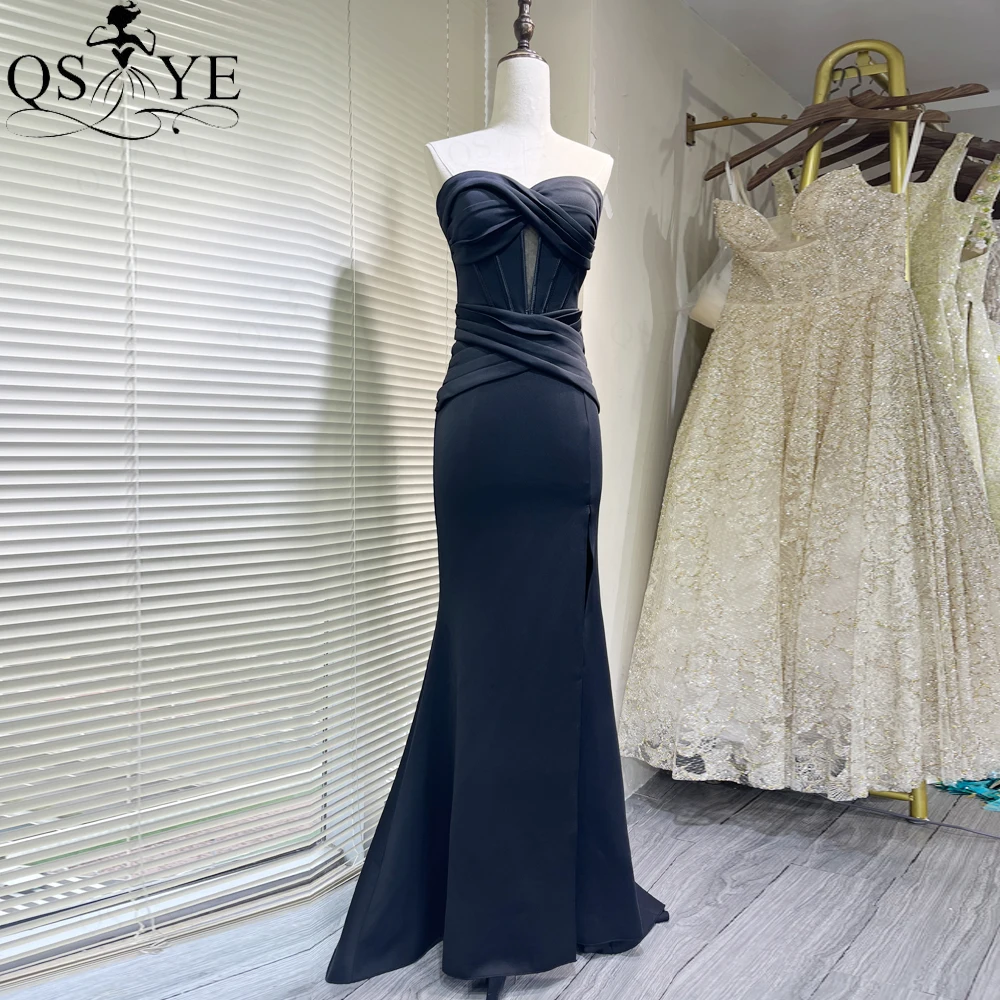 

QSYYE Side Split Black Mermaid Long Prom Dress 2024 Elastic Ruched Evening Dress Boned Keyhole Formal Gown Party Sweetheart Chic