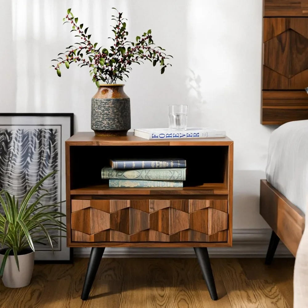 طاولة جانبية، طاولة جانبية حديثة مجمعة بالكامل في منتصف القرن - خزانة بجانب السرير بنمط هندسي لغرفة النوم وغرفة المعيشة