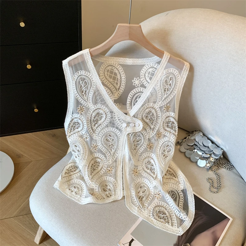 

Летняя вязаная крючком жилетная рубашка с цветочным крючком, женская модная нерегулярная сетчатая блузка с горячим бурением, топы на бретелях без рукавов