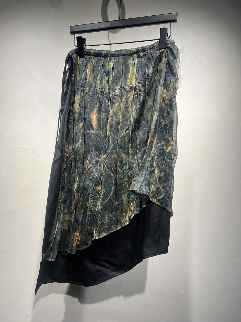 Yamamoto Style Irregular Layered Chiffon Skirt Men Dark Tie Dye Pleated Asymmetrical Wrap Skirt Casual Loose Wide Leg Pants Goth