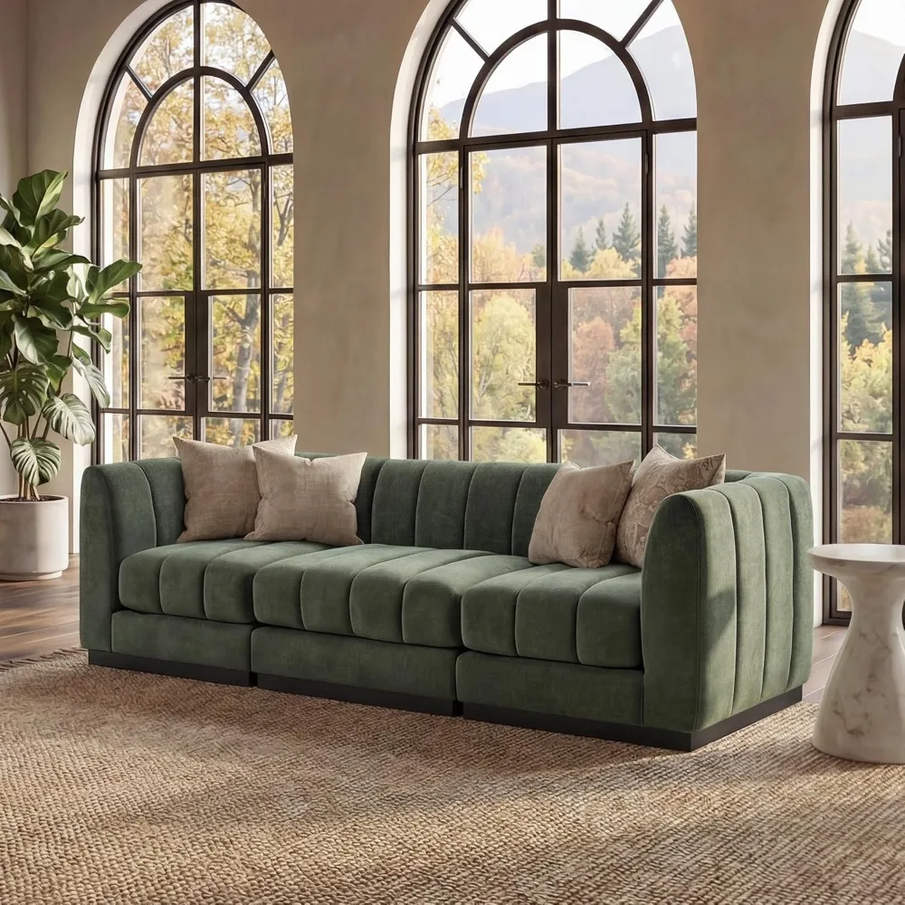 

96" Modular Sectional Sofa, Deep Seat Chenille Couch with High Density Foam Cushions, 3-Seat Modern Minimalist Sofa, Customized